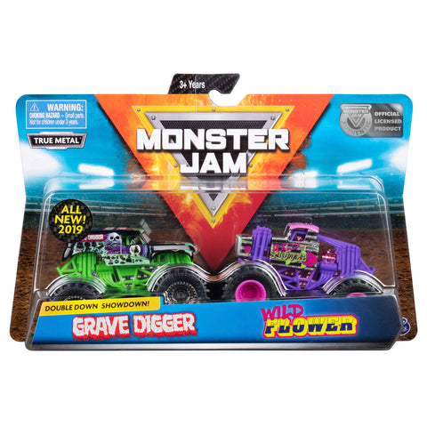 Monster Jam Official Grave Digger vs. Wild Flower Die-Cast Monster Trucks, 1:64 Scale, 2 Pack